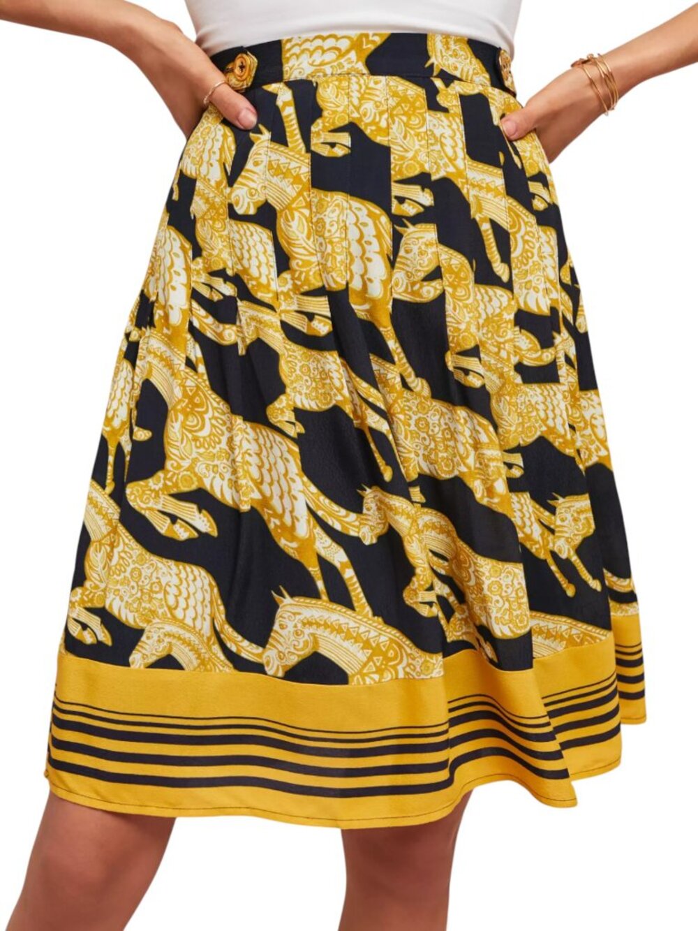 Anthro Maeve Jade A-Line Skirt Horse Print Navy Gold Pleated | Size 0